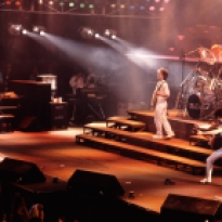 Queen live on stage on the 'Works' tour at Wembley Arena, London in September 1984